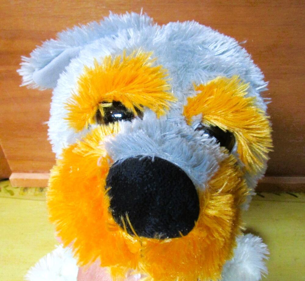 Plush Dog Stuffed Animal with Gray, White & Orange Fur, Brown Glass Eyes, 15"